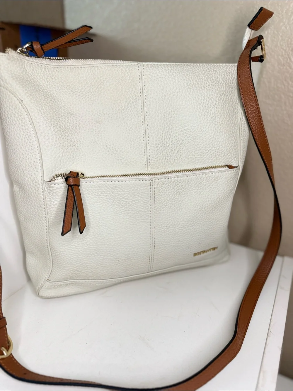 Bostanten Cream White Hobo Crossbody Bag Cognac Brown Gold Hardware Pebbled Bag.
